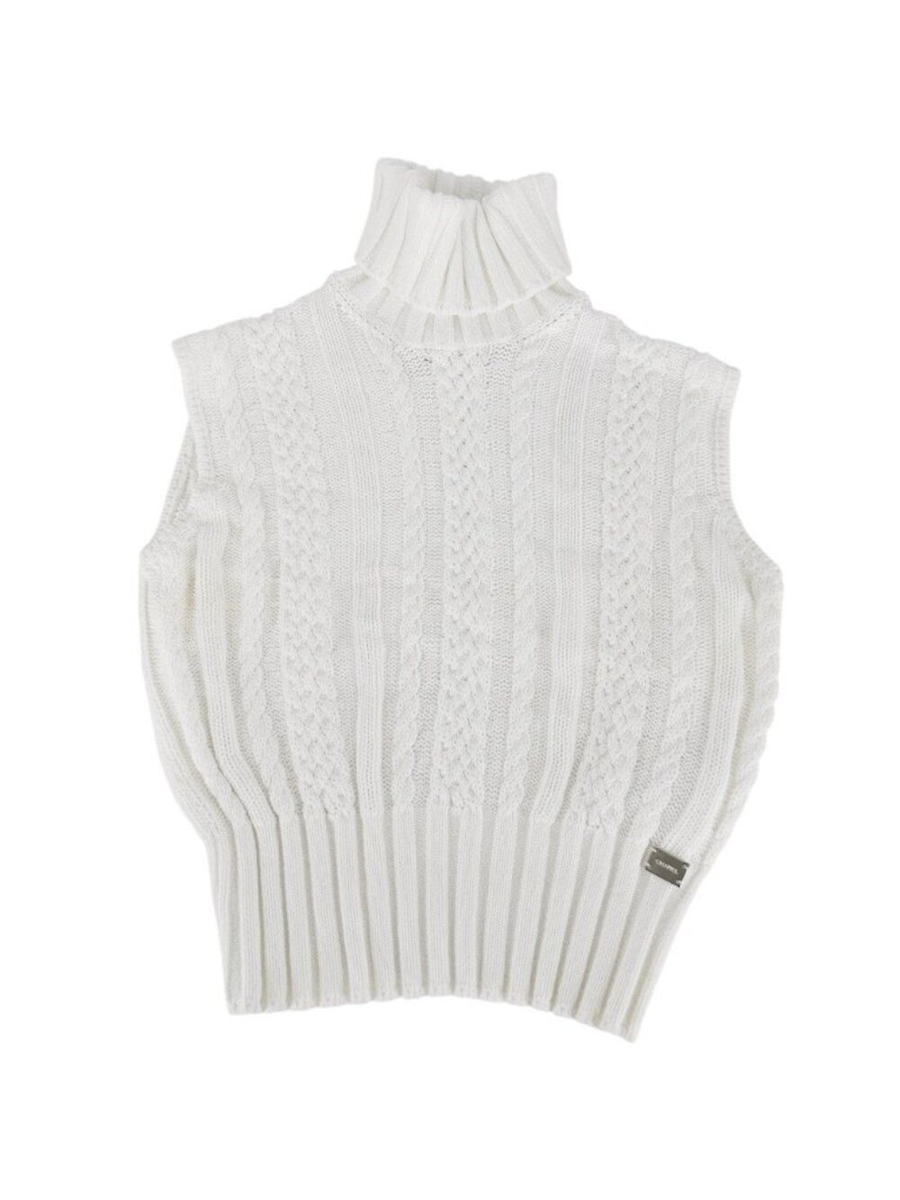 Chanel Knit Turtleneck Sleeveless Logo Plate 38 White Cotton Spring Autumn
